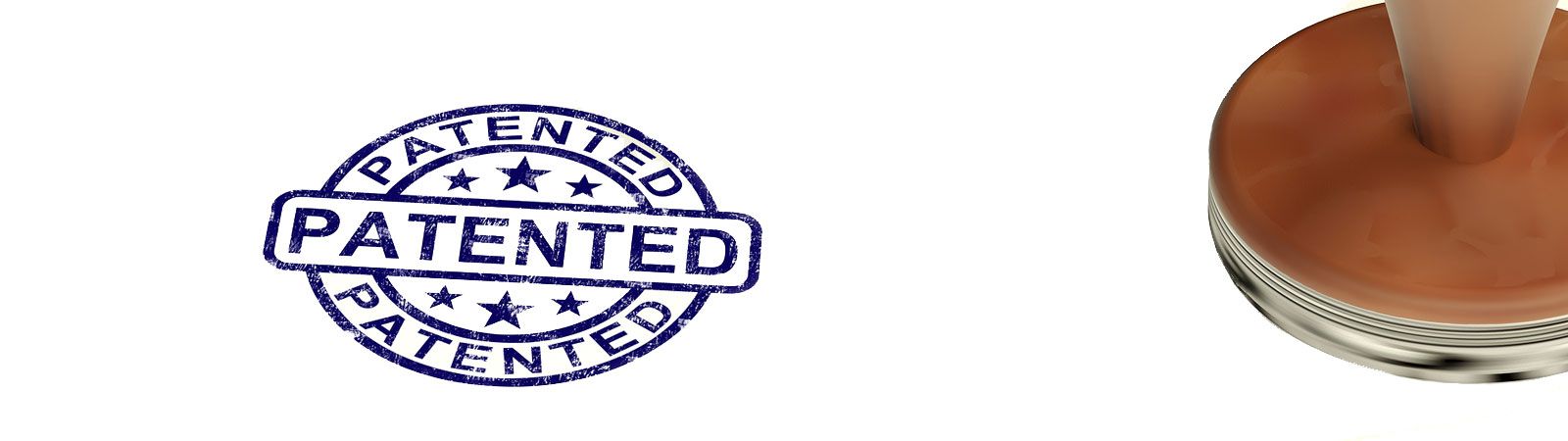 Blue circular "Patented" rubber-stamp impression beside a stamp on a white background